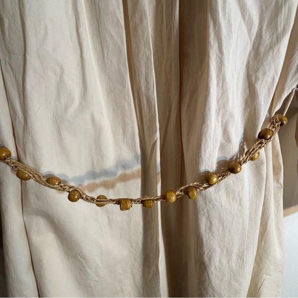 ZARA Sz L Collared Cream Shirt Dress Eyelet Lace Front Puff Sleeves Beaded Belt - Picture 10 of 14